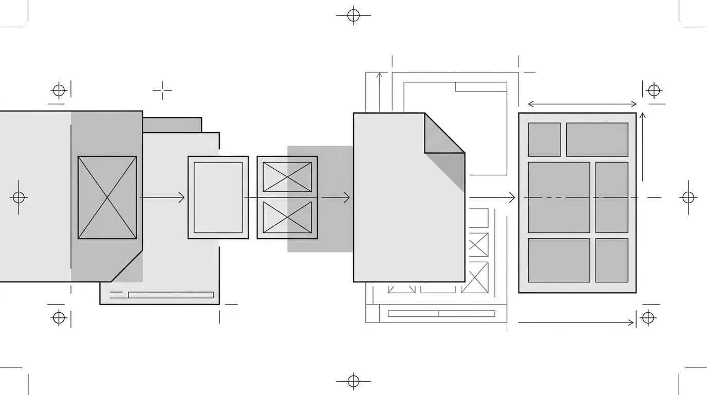 Technical editorial illustration of document transformation and page processing workflows