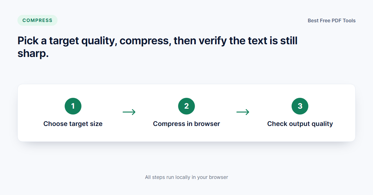 Diagram of the PDF compression workflow: choose a target size, compress the file in the browser, then check the output quality
